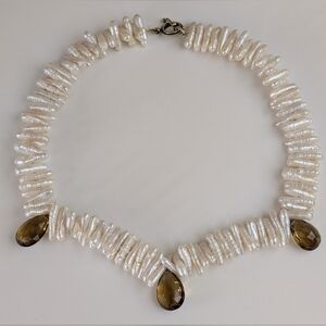 16" Baroque Biwa Freshwater 20mm Stick Pearl Smoky Quartz 925 Silver Necklace